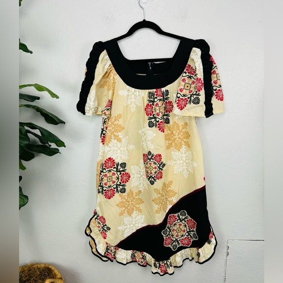 Vintage Island Attitudes Cream Ruched Hibiscus Floral Tan Midi MuuMuu - Picture 2 of 9